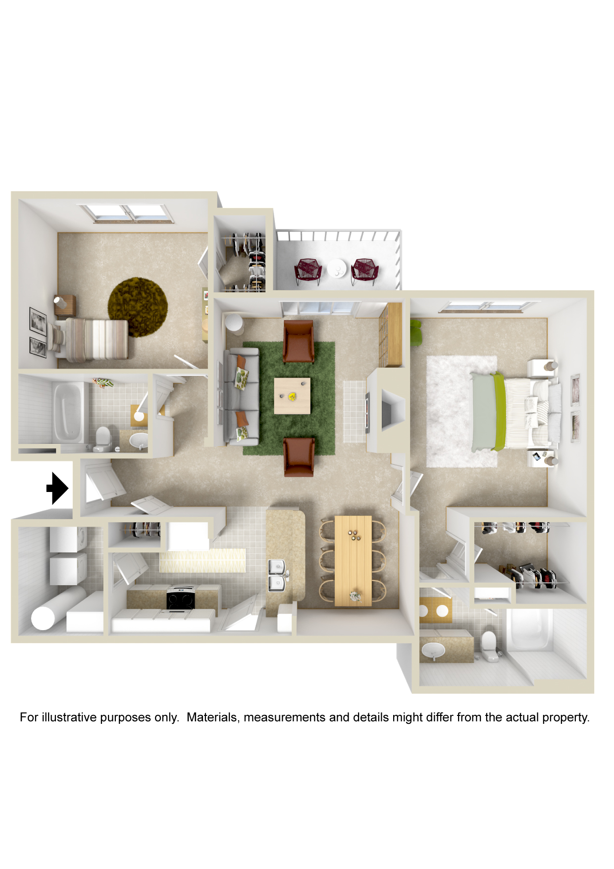 Floor plan for 2 beds, 2 baths, 1129 sqft
