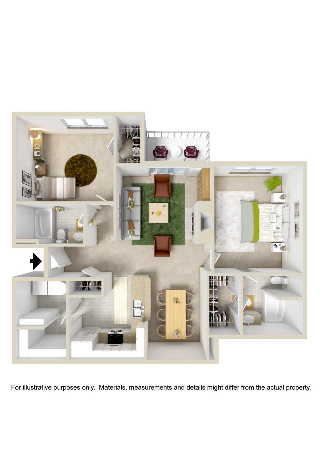 Floor plan for 2 beds, 2 baths, 1175 sqft