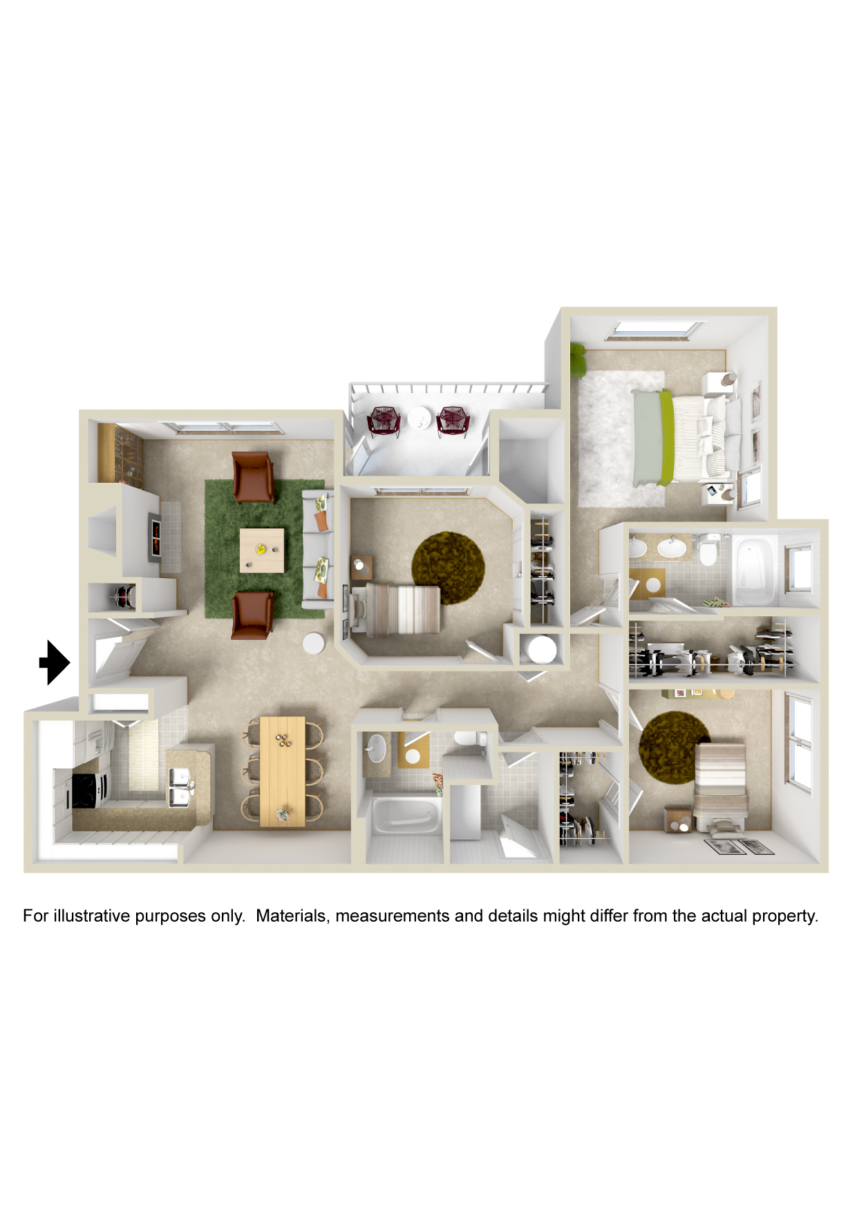 Floor plan for 3 beds, 2 baths, 1362 sqft