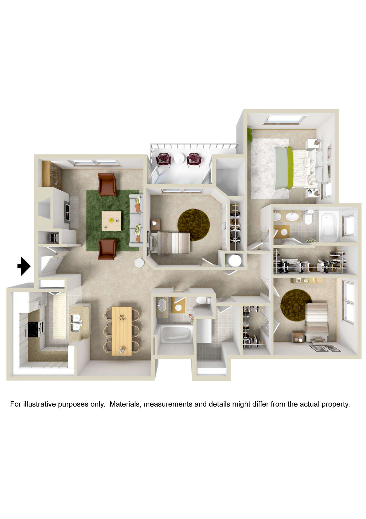 Floor plan for 3 beds, 2 baths, 1447 sqft
