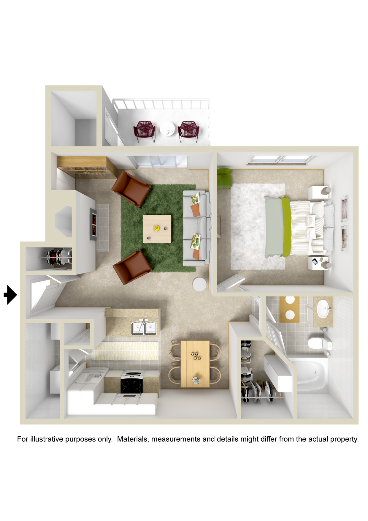 Floor plan for 1 bed, 1 bath, 692 sqft