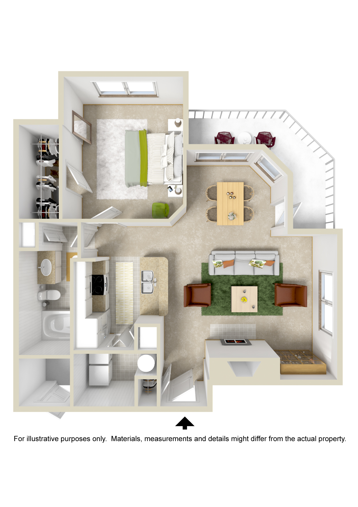 Floor plan for 1 bed, 1 bath, 779 sqft