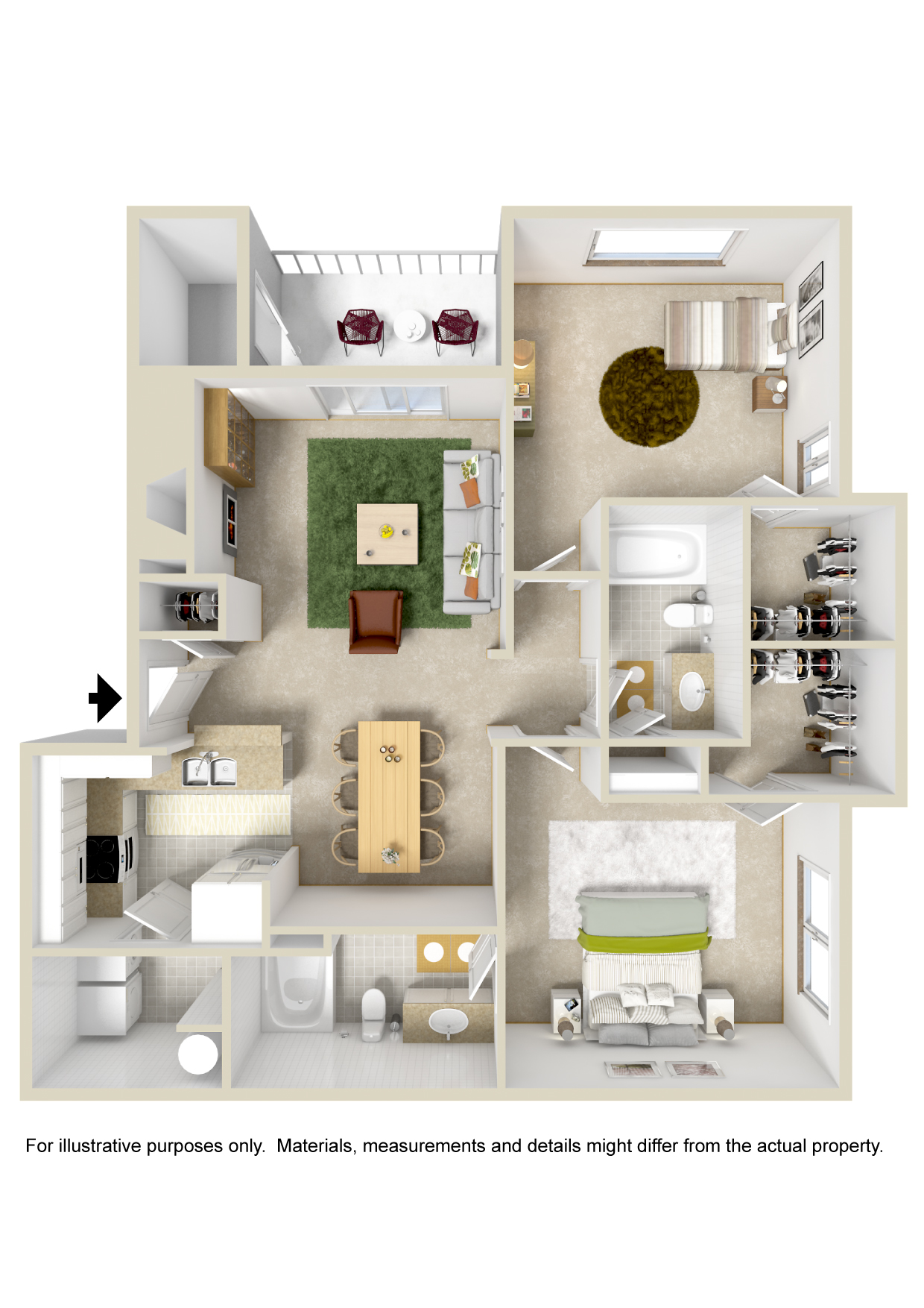 Floor plan for 2 beds, 2 baths, 954 sqft