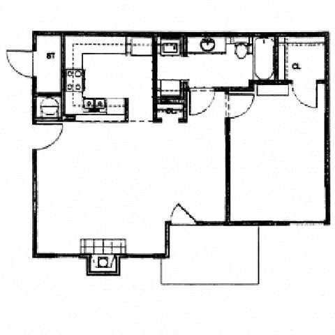 Floor plan for 1 bed, 1 bath, 789 sqft