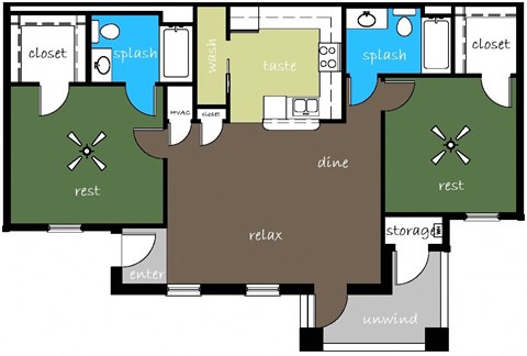 Floor plan for 2 beds, 2 baths, 960 sqft