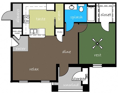 Floor plan for 1 bed, 1 bath, 685 sqft