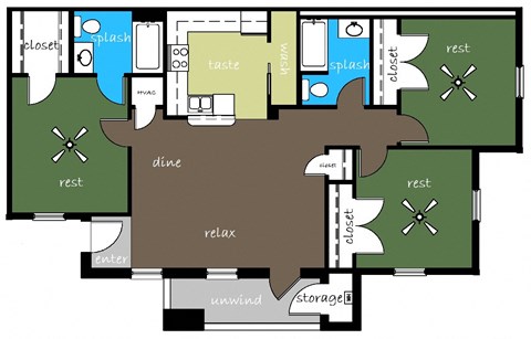 Floor plan for 3 beds, 2 baths, 1075 sqft