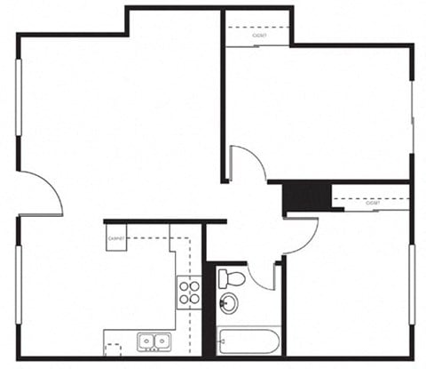 Floor plan for 2 beds, 1 bath, 845 sqft