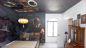 Indianapolis apartment for rent - a bedroom with a bed and a black wall and a ceiling with a mirror