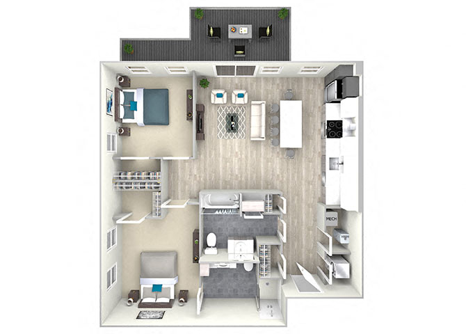 Floor plan for 2 beds, 2 baths, 1067 sqft