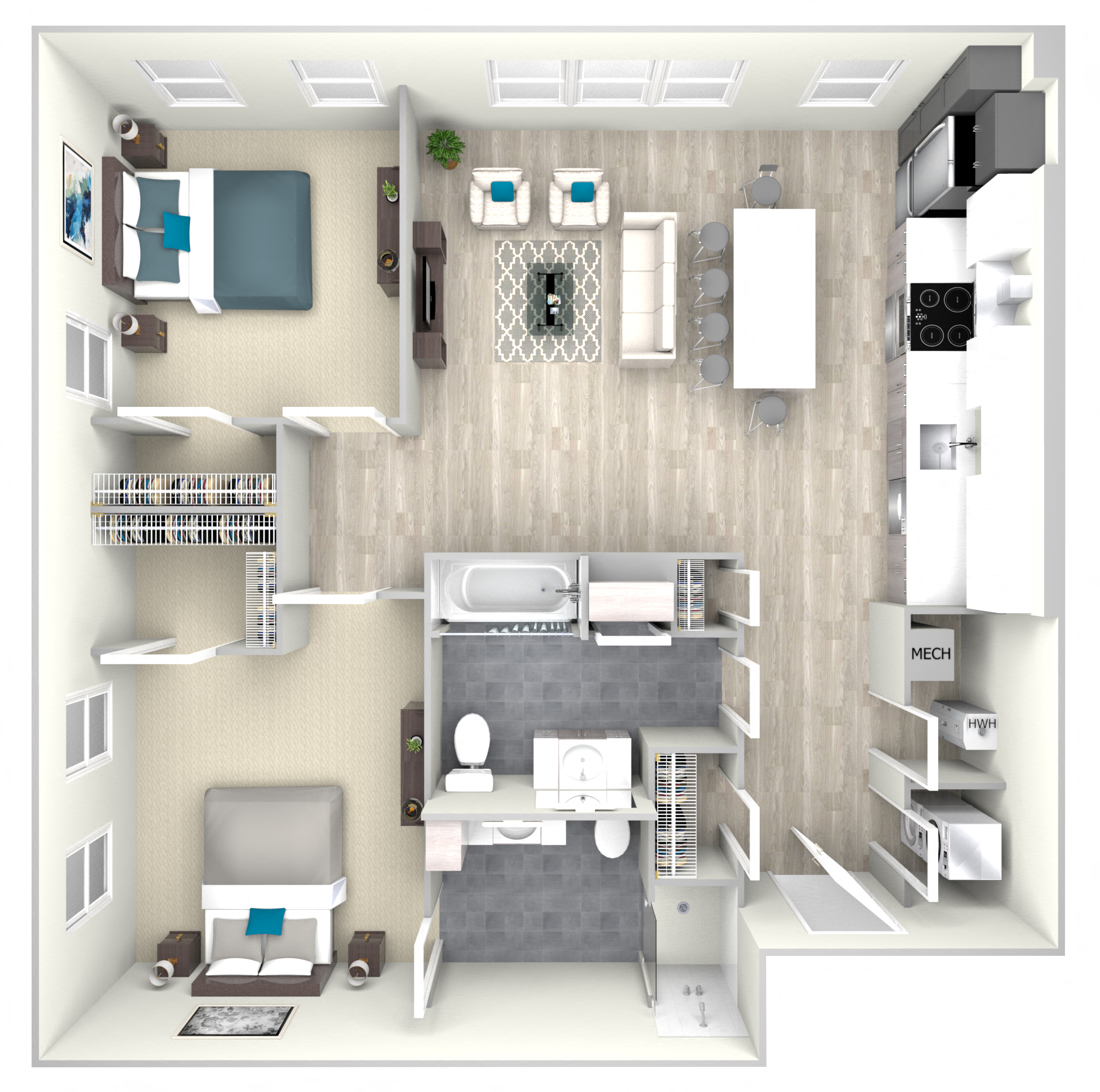 Floor plan for 2 beds, 2 baths, 1067 sqft
