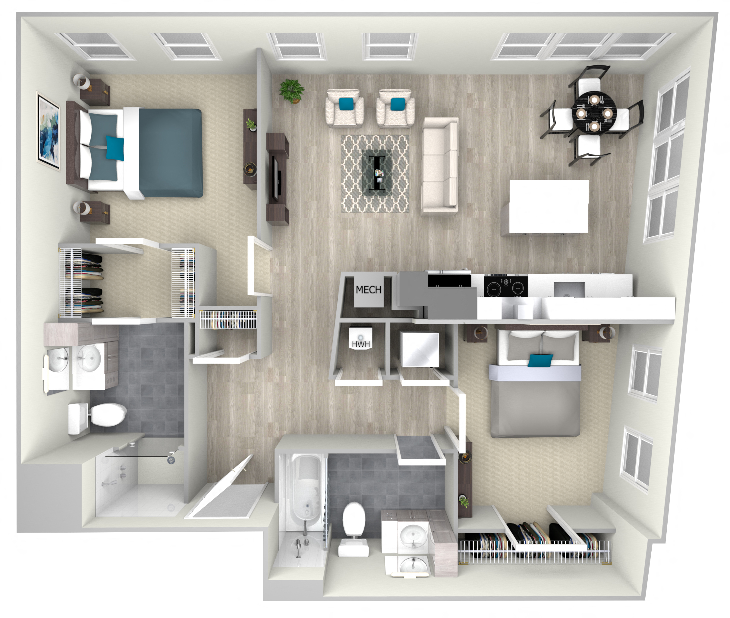 Floor plan for 2 beds, 2 baths, 1066 sqft