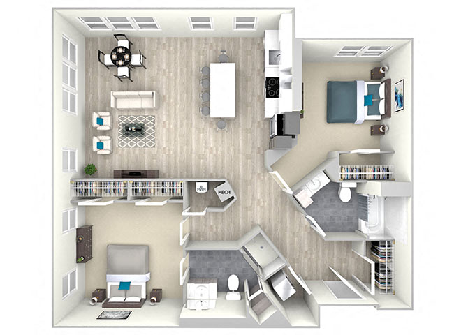 Floor plan for 2 beds, 2 baths, 1149 sqft