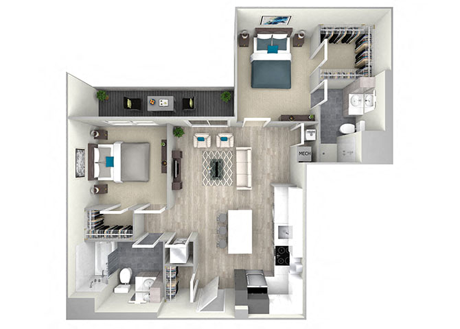 Floor plan for 2 beds, 2 baths, 1099 sqft
