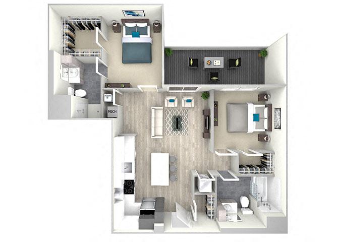 Floor plan for 2 beds, 2 baths, 1099 sqft