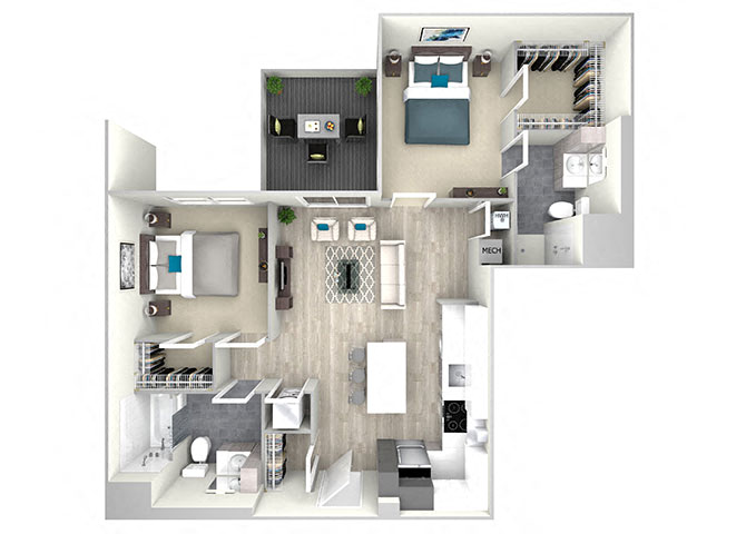 Floor plan for 2 beds, 2 baths, 1099 sqft