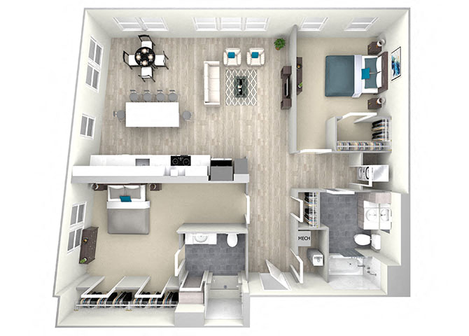 Floor plan for 2 beds, 2 baths, 1157 sqft