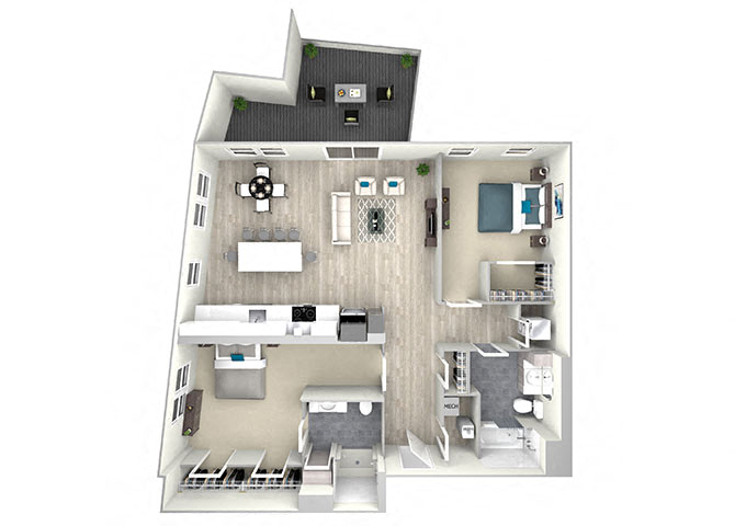 Floor plan for 2 beds, 2 baths, 1157 sqft