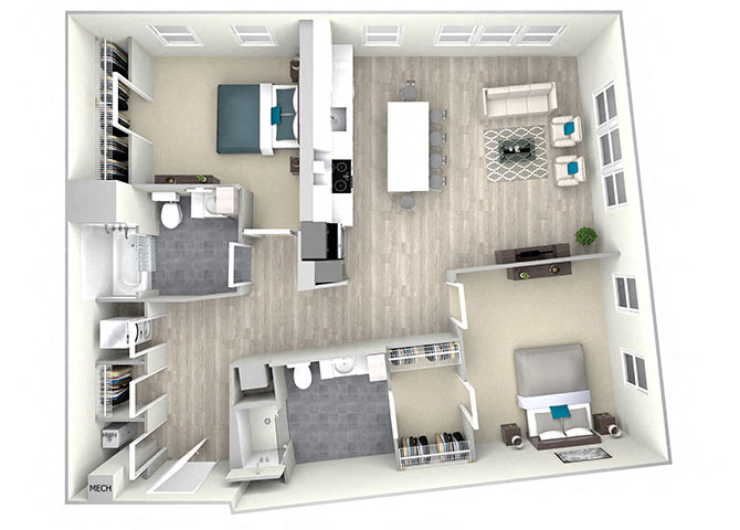 Floor plan for 2 beds, 2 baths, 1200 sqft