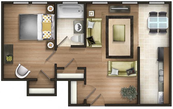 Floor plan for 1 bed, 1 bath, 700 sqft