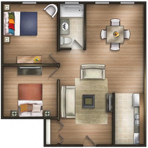 Floor plan for 2 beds, 1 bath, 750 sqft