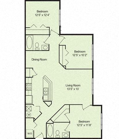 Floor plan for 3 beds, 2 baths, 1174 sqft