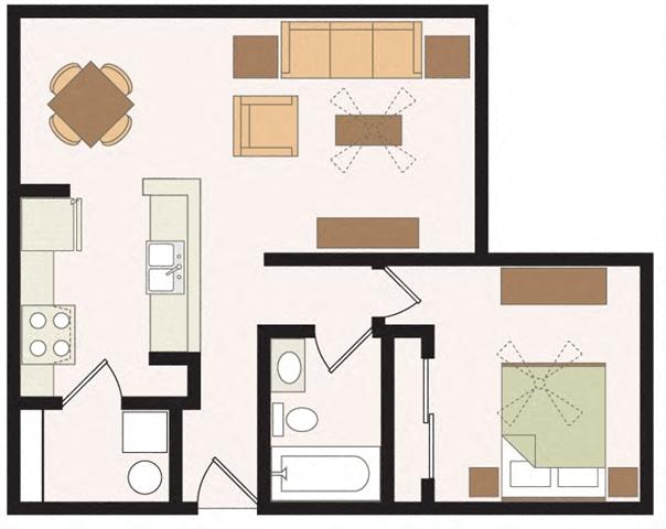 Floor plan for 1 bed, 1 bath, 698 sqft