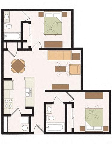 Floor plan for 2 beds, 2 baths, 937 sqft