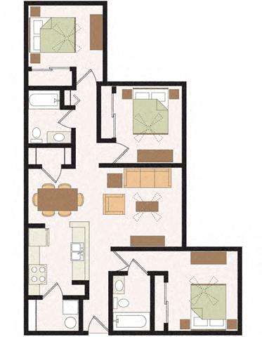 Floor plan for 3 beds, 2 baths, 1118 sqft