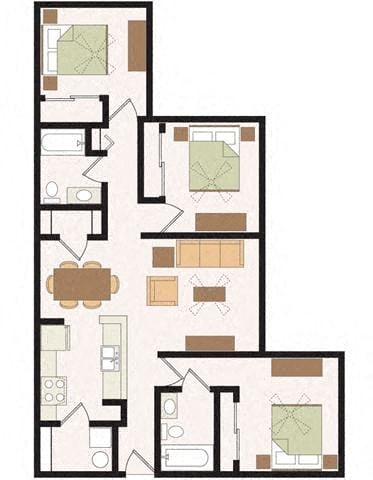 Floor plan for 3 beds, 2 baths, 1118 sqft