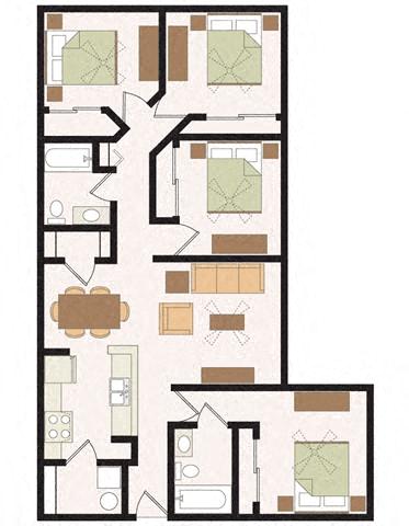 Floor plan for 4 beds, 2 baths, 1278 sqft