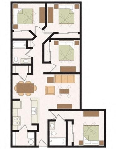 Floor plan for 4 beds, 2 baths, 1278 sqft