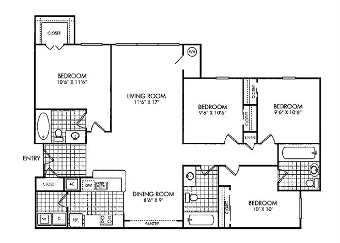 Floor plan for 4 beds, 3 baths, 1336 sqft