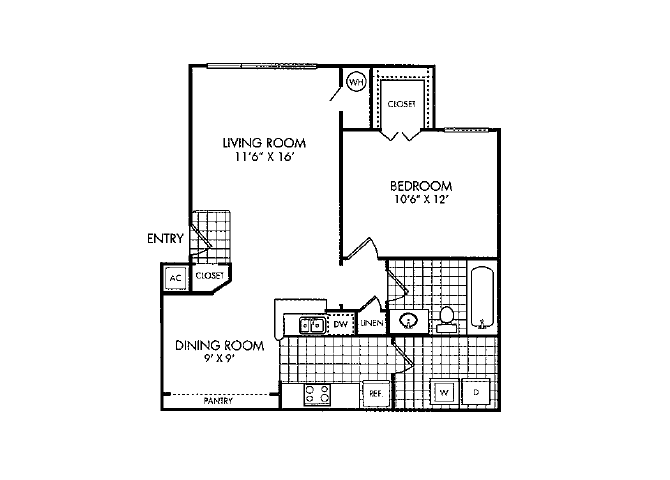 Floor plan for 1 bed, 1 bath, 697 sqft