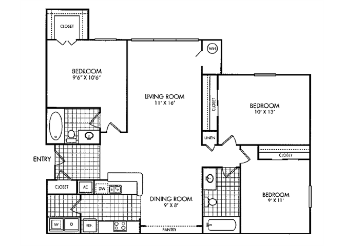 Floor plan for 3 beds, 2 baths, 1137 sqft