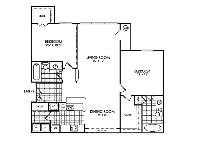 Floor plan for 2 beds, 2 baths, 1010 sqft