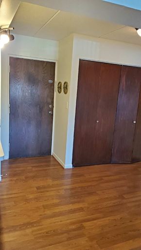 Zion apartment for rent - A room with a wooden floor and two brown doors.