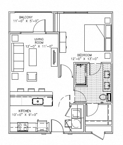 Floor plan for 1 bed, 1 bath, 810 sqft