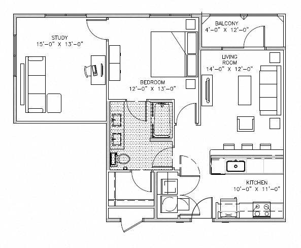 Floor plan for 1 bed, 1 bath, 901 sqft