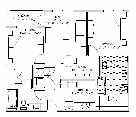 Floor plan for 2 beds, 2 baths, 1018 sqft