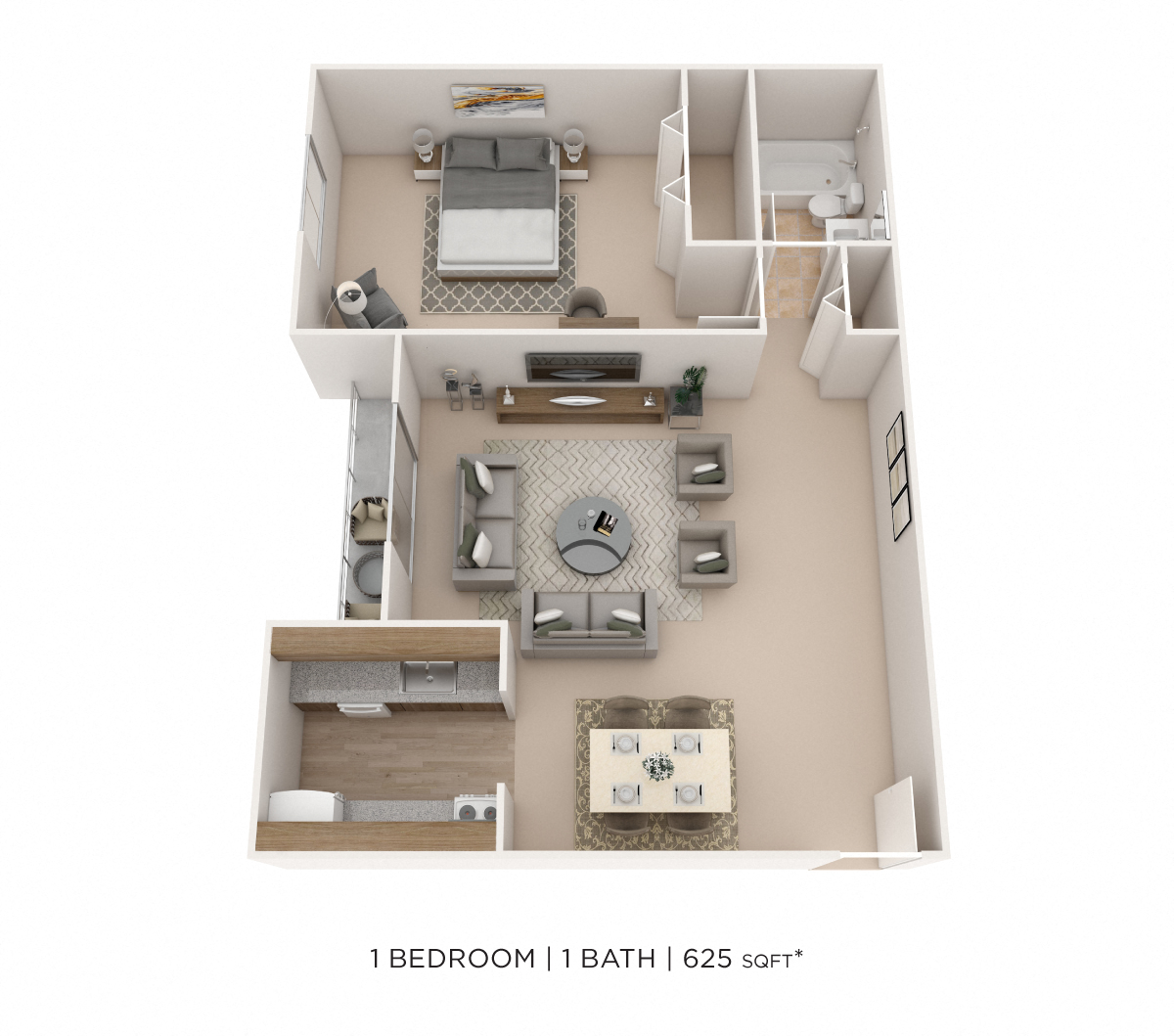 Floor plan for 1 bed, 1 bath, 625 sqft