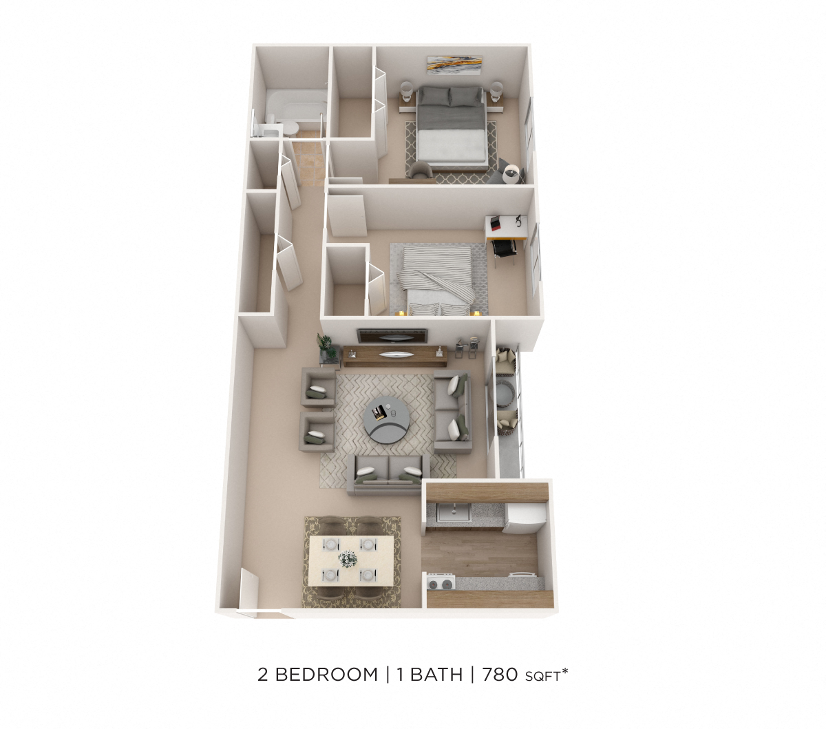 Floor plan for 2 beds, 1 bath, 780 sqft