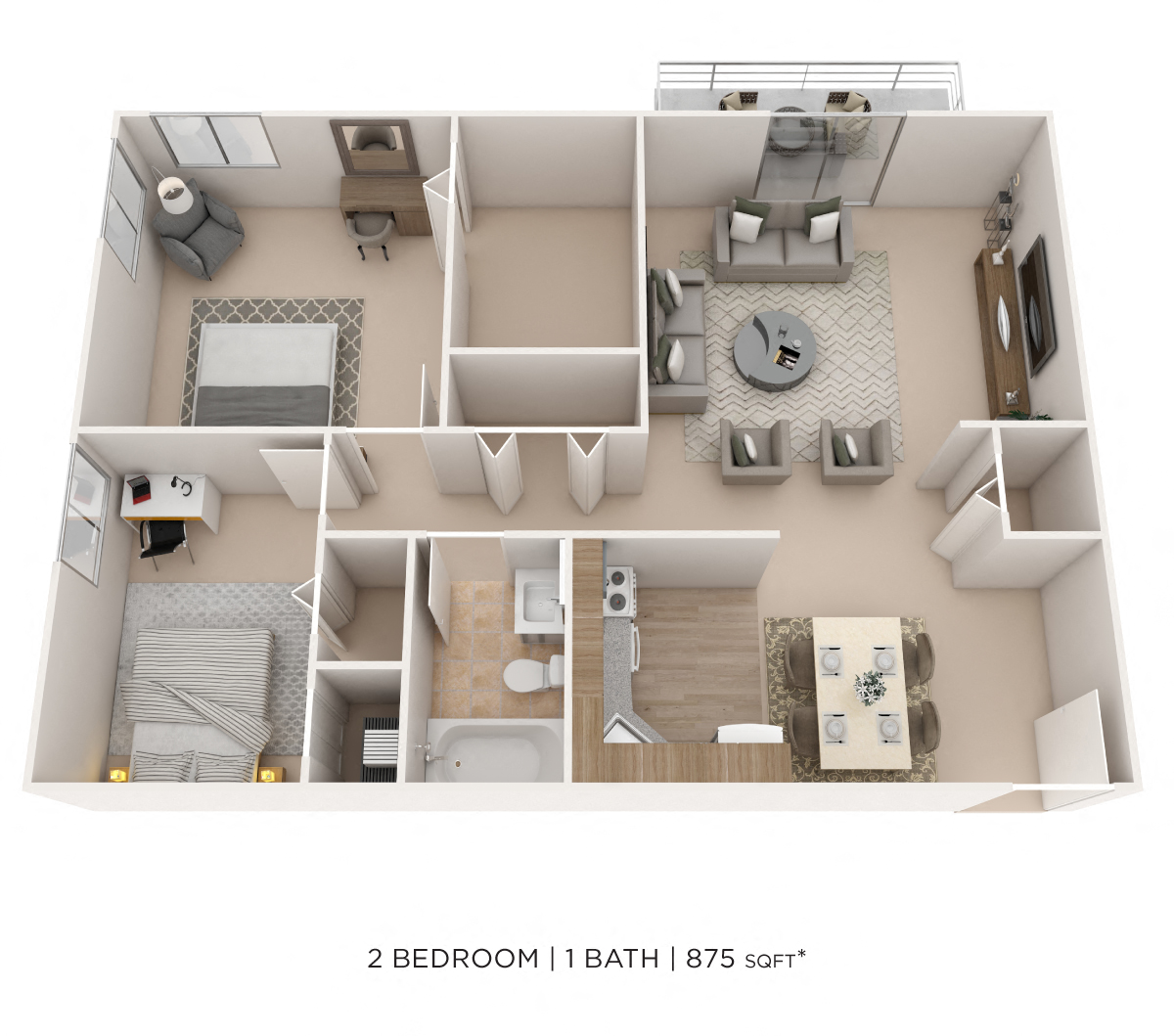Floor plan for 2 beds, 1 bath, 875 sqft