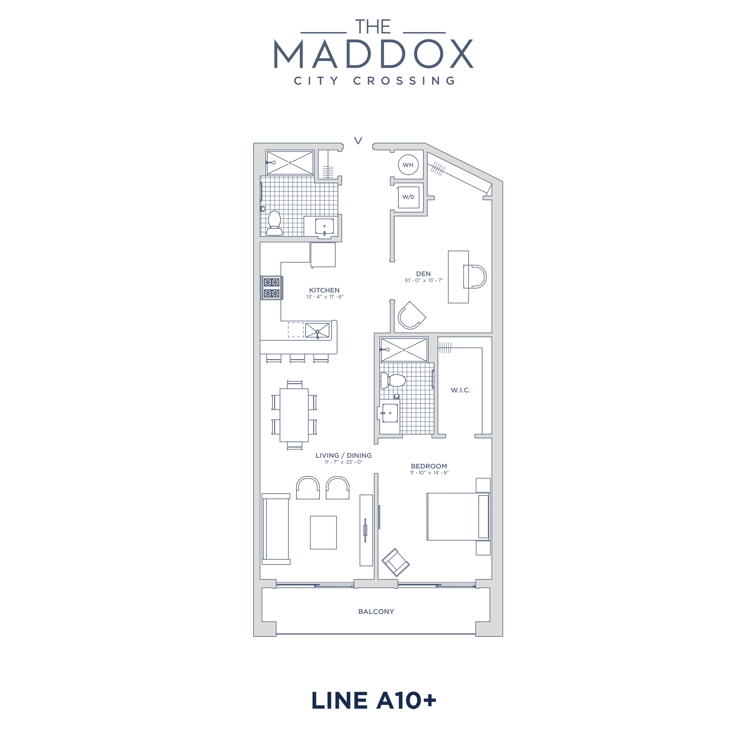 Floor plan for 1 bed, 2 baths, 1002 sqft