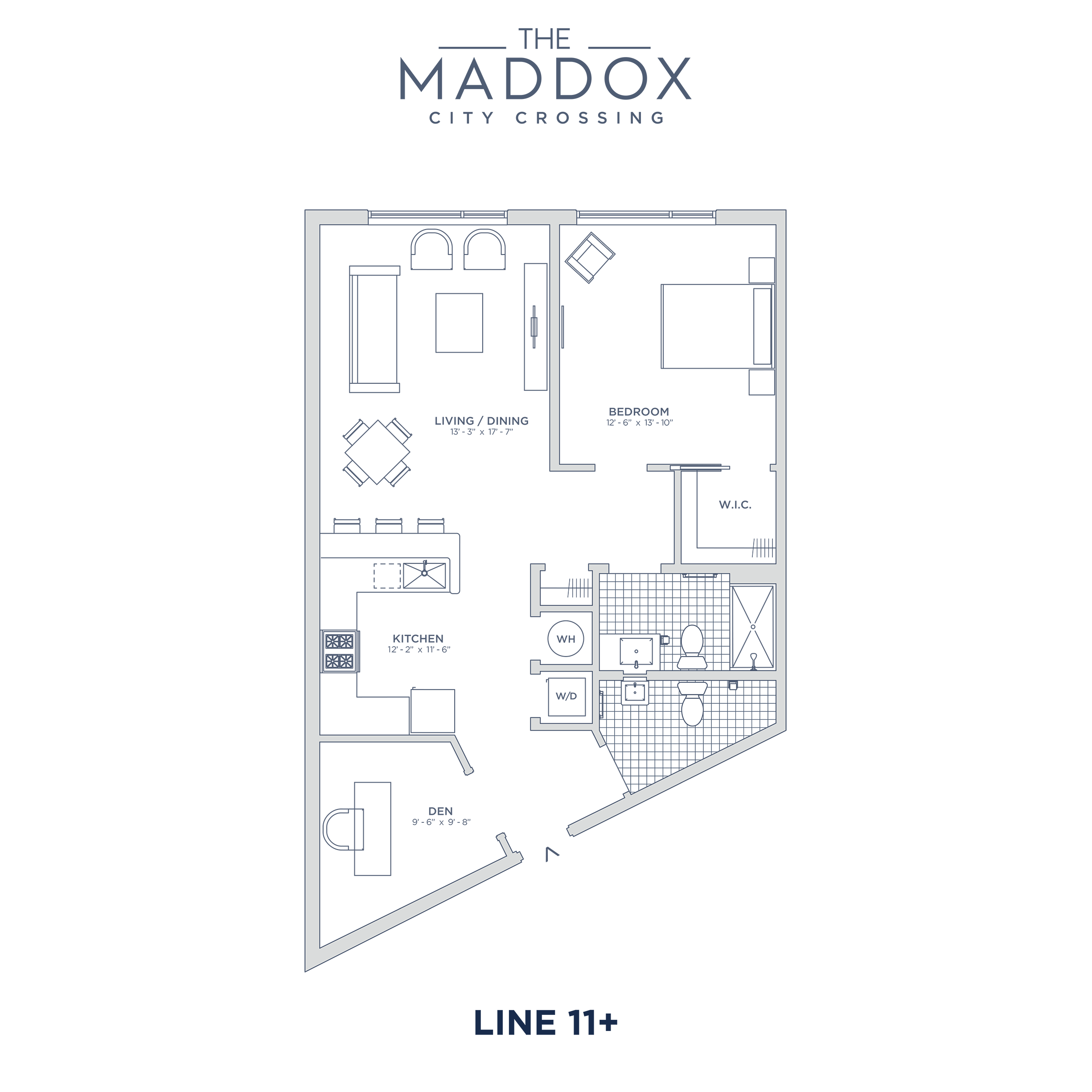 Floor plan for 1 bed, 1.5 baths, 917 sqft