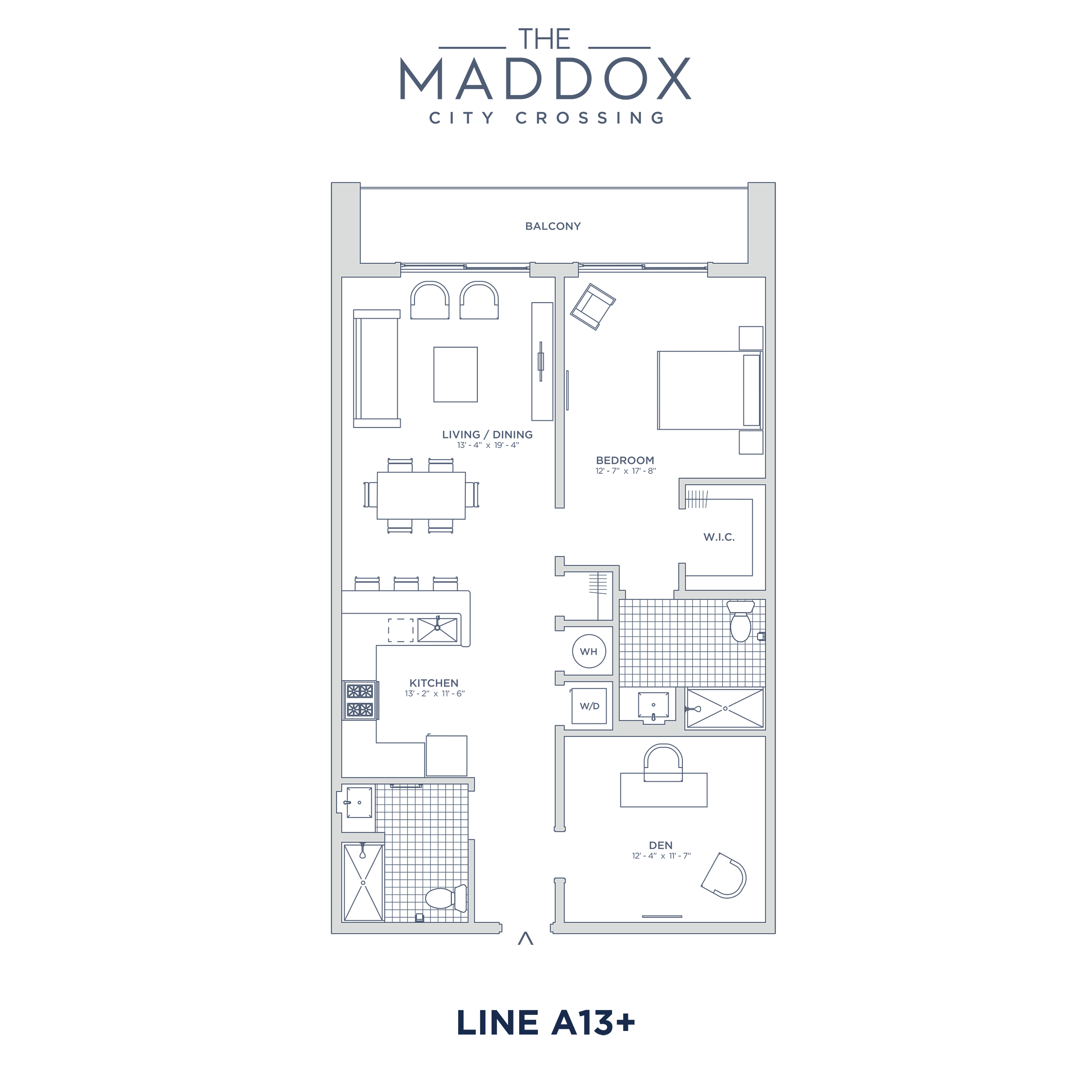 Floor plan for 1 bed, 2 baths, 1039 sqft