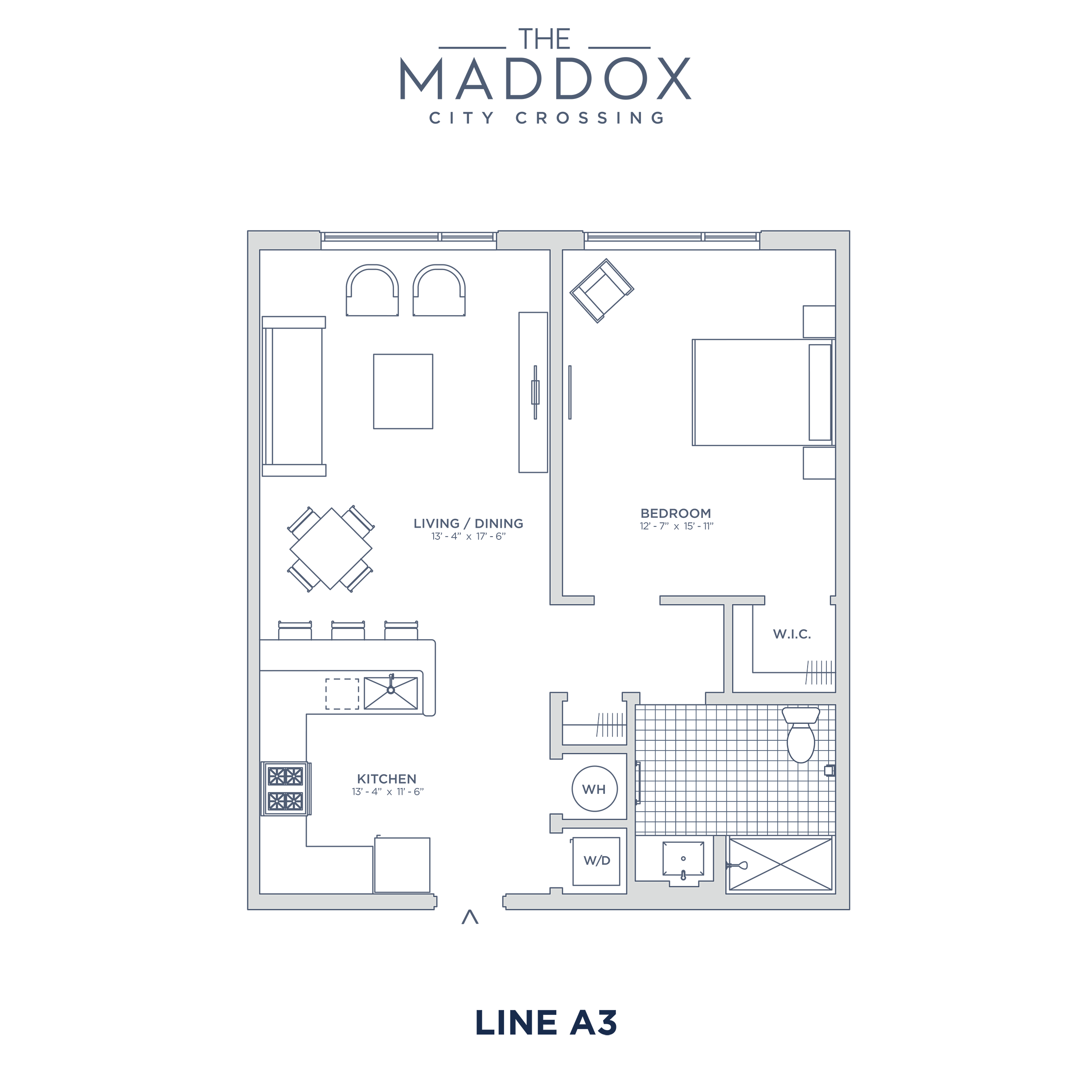 Floor plan for 1 bed, 1 bath, 771 sqft