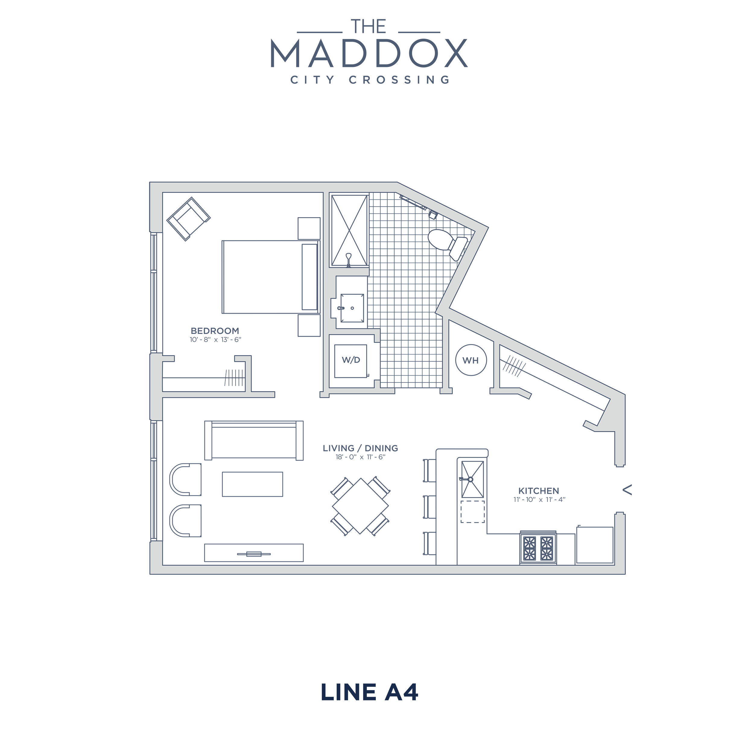 Floor plan for 1 bed, 1 bath, 602 sqft