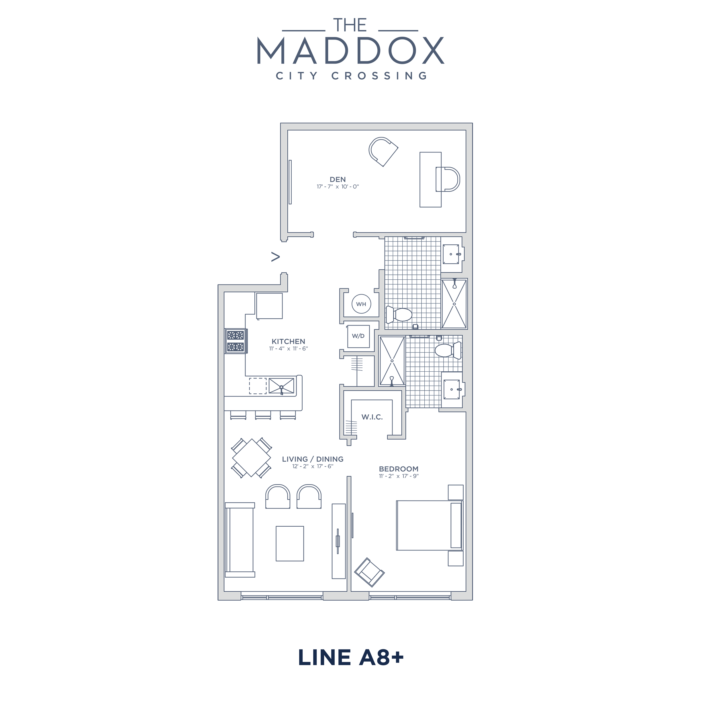 Floor plan for 1 bed, 2 baths, 965 sqft
