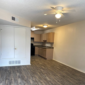 El Paso apartment for rent - A kitchen with a white door and a ceiling fan.